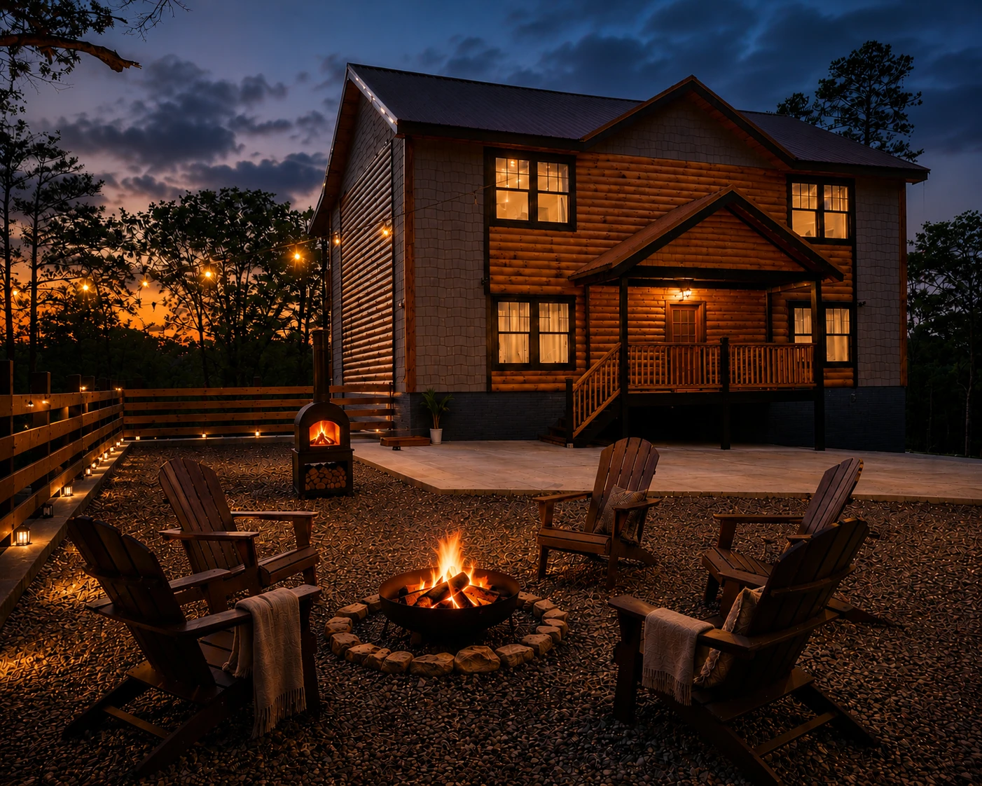 Cabin fire pit glowing at dusk