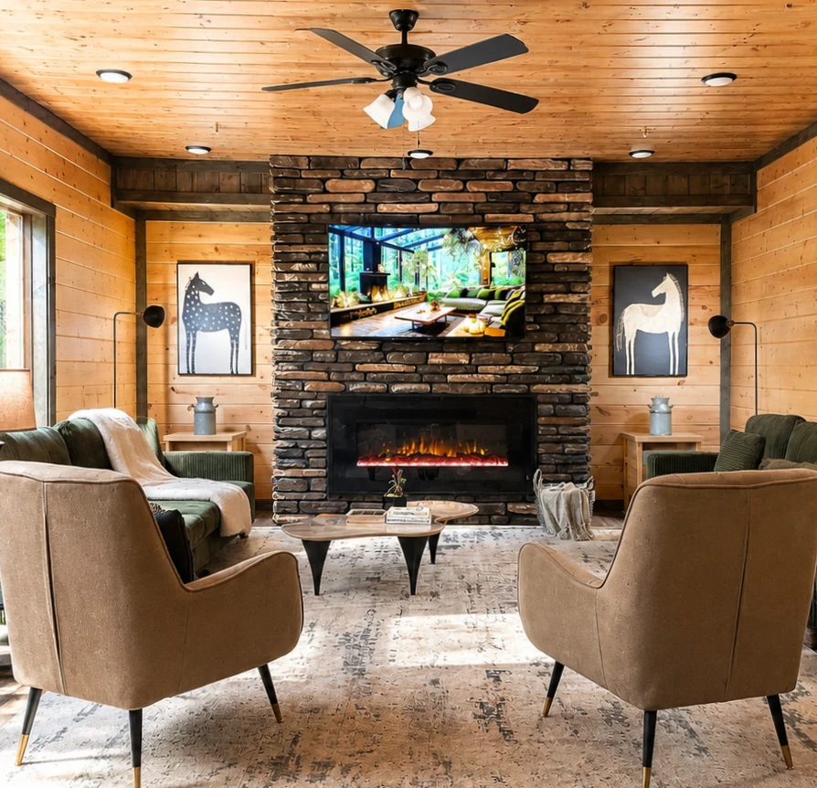 Warm great room with fireplace and high windows