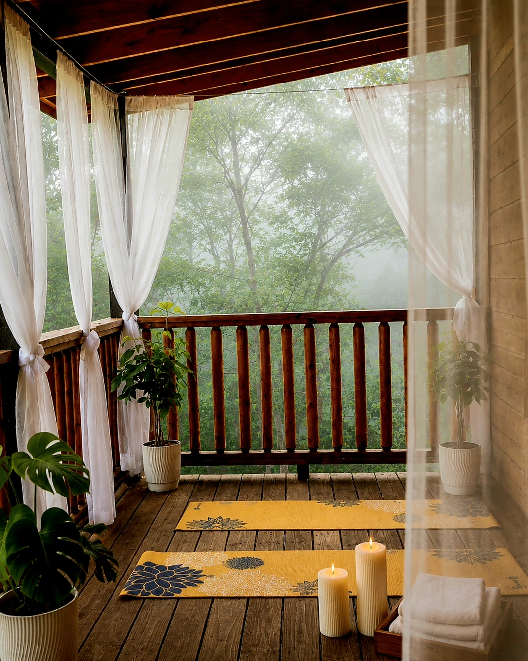 Misty view from a covered deck