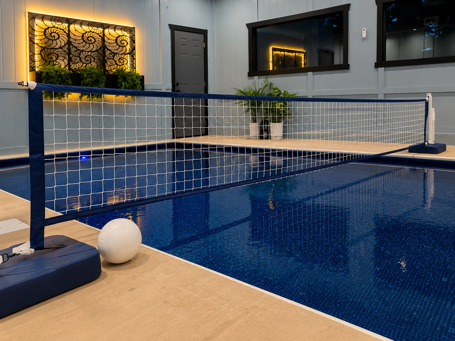 Guests can play volleyball in the heated indoor pool